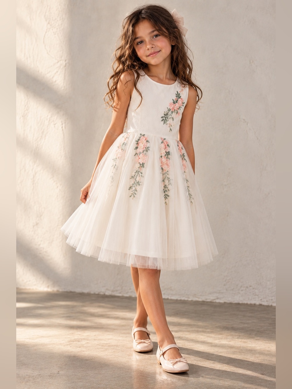 Girls White Floral Embroidered Tulle Dress size 8. (130)